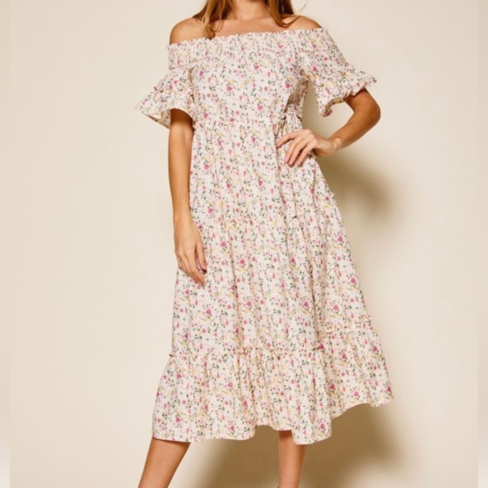 Ces Femme Off the Shoulder Dainty Floral Midi Dress